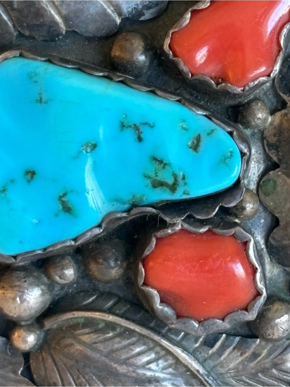 Sterling Silver Turquoise & Coral Inlay Western Belt Buckle Vintage E. Spencer